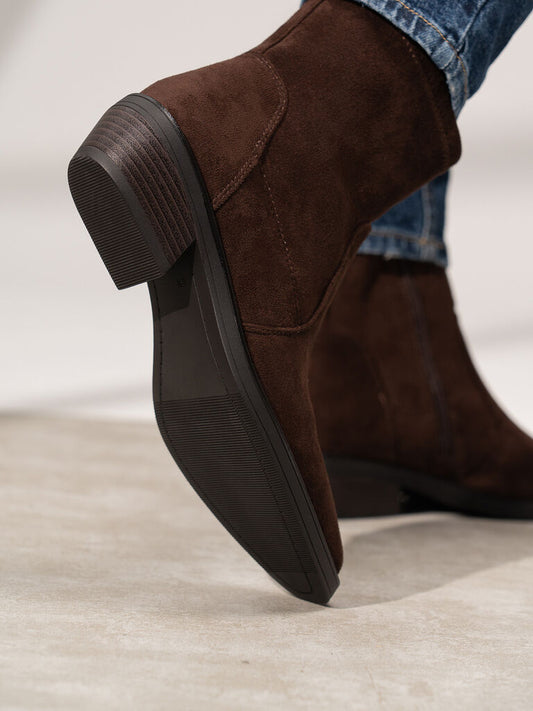 Brown Suede Ankle Boots with Low Block Heel