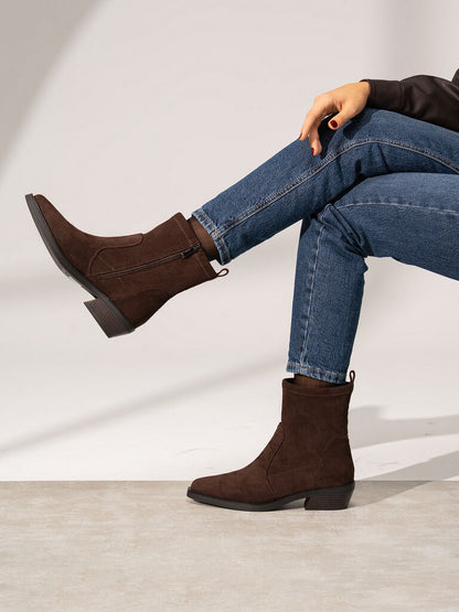 Brown Suede Ankle Boots with Low Block Heel