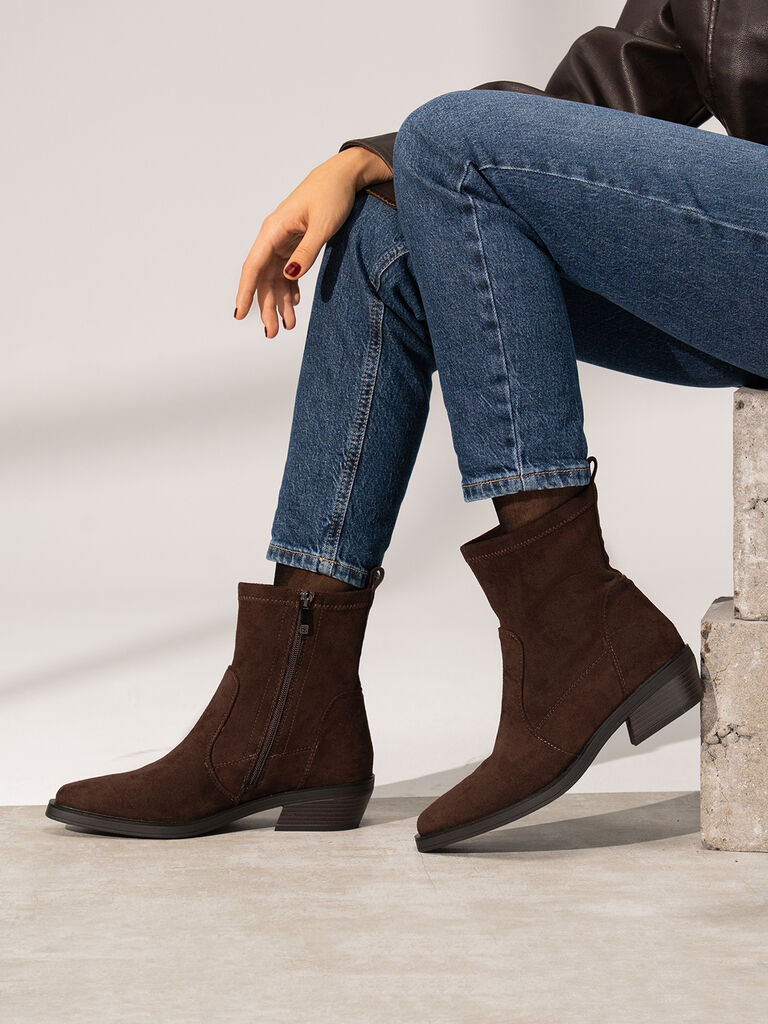 Brown Suede Ankle Boots with Low Block Heel