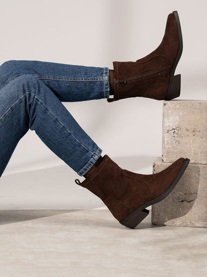 Brown Suede Ankle Boots with Low Block Heel