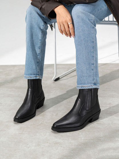 Black Leather Ankle Boots with Low Heel