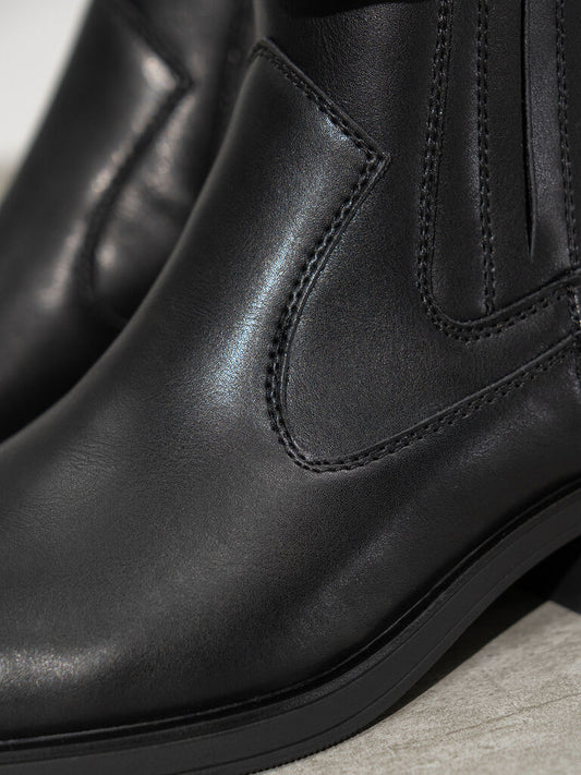 Black Leather Ankle Boots with Low Heel