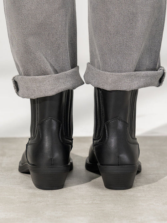 Black Leather Ankle Boots with Low Heel
