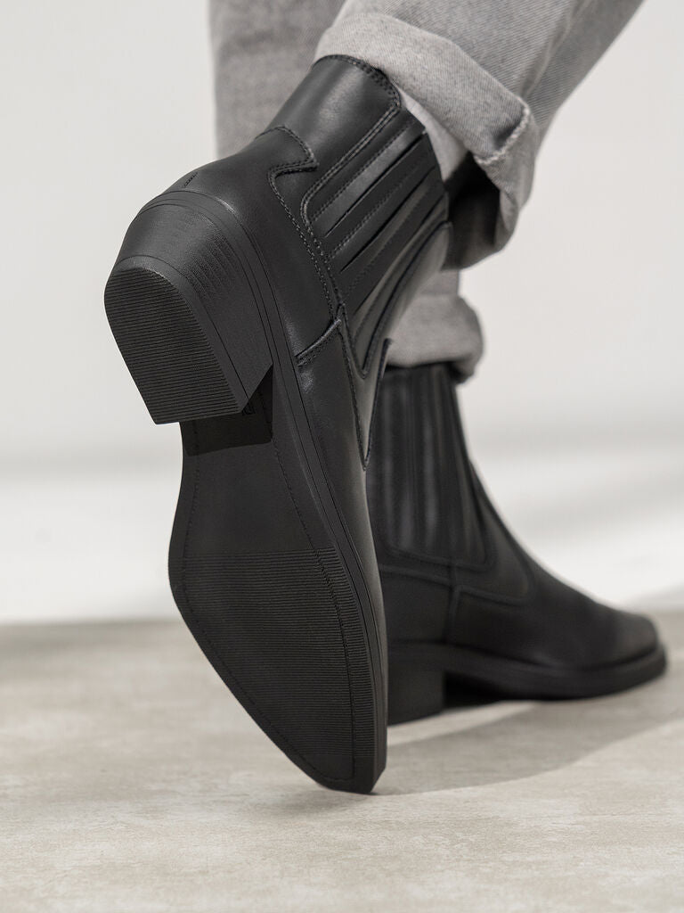 Black Leather Ankle Boots with Low Heel