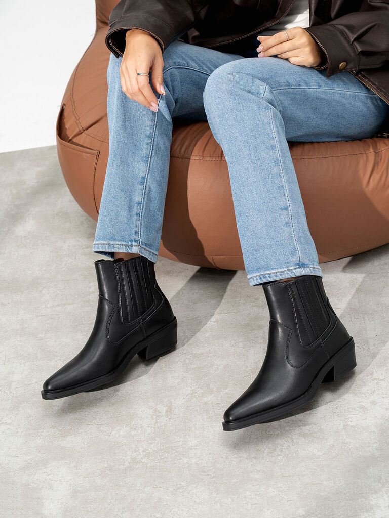 Black Leather Ankle Boots with Low Heel