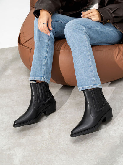 Black Leather Ankle Boots with Low Heel