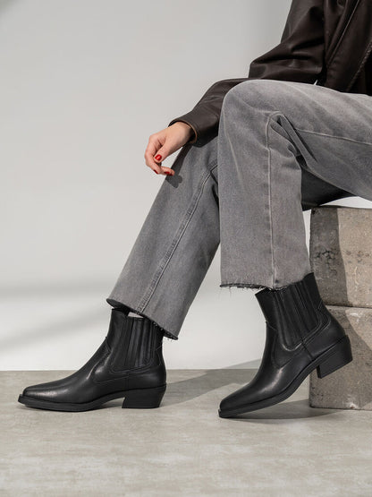 Black Leather Ankle Boots with Low Heel