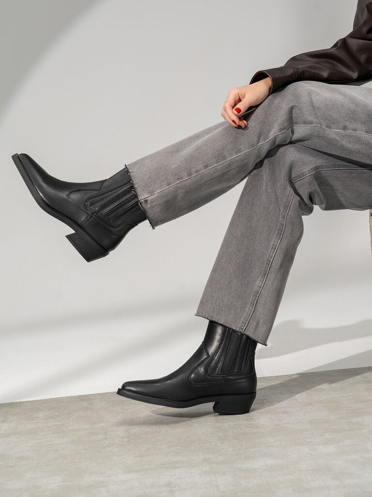 Black Leather Ankle Boots with Low Heel