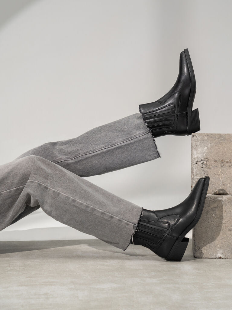 Black Leather Ankle Boots with Low Heel