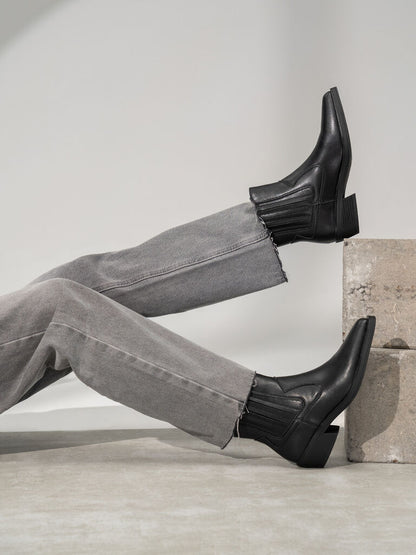 Black Leather Ankle Boots with Low Heel