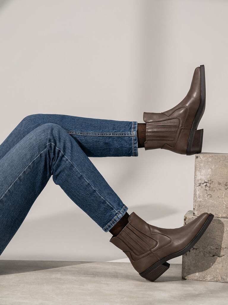 Brown Leather Ankle Boots with Block Heel