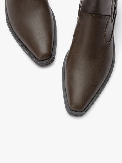 Brown Leather Ankle Boots with Block Heel