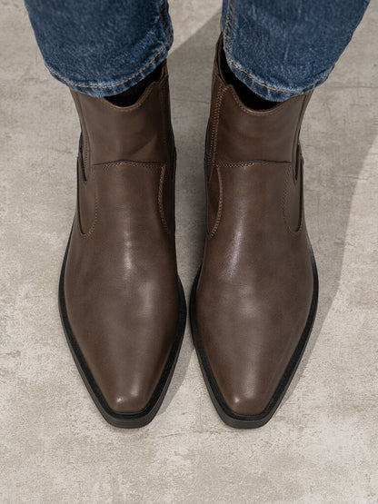 Brown Leather Ankle Boots with Block Heel