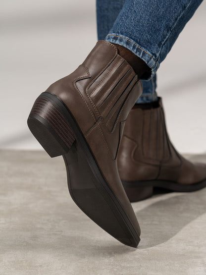 Brown Leather Ankle Boots with Block Heel