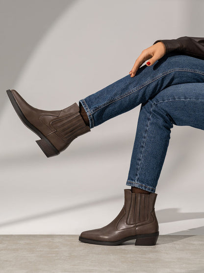 Brown Leather Ankle Boots with Block Heel