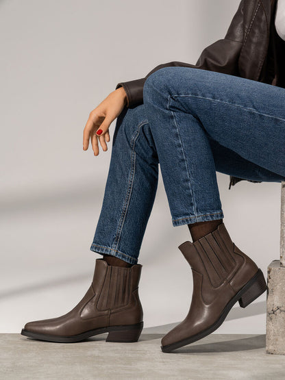 Brown Leather Ankle Boots with Block Heel
