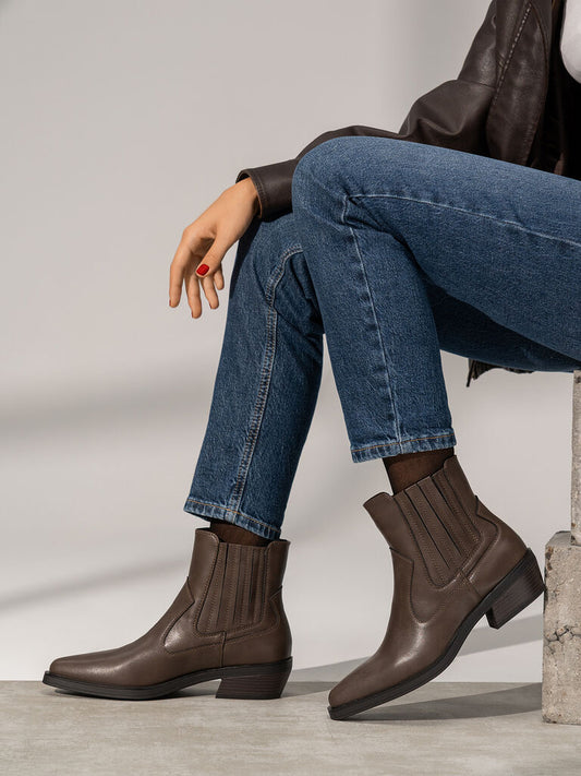 Brown Leather Ankle Boots with Block Heel