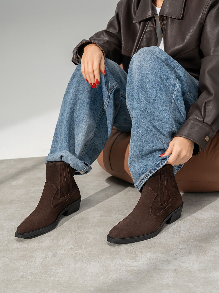 Brown Suede Western Ankle Boots