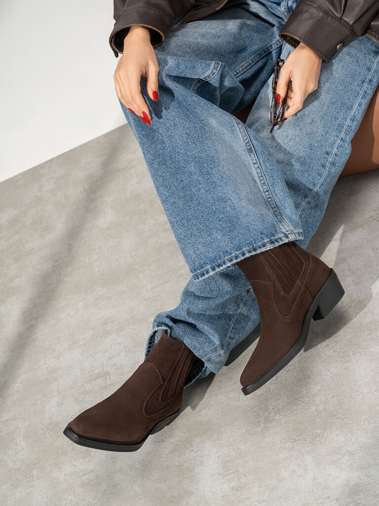 Brown Suede Western Ankle Boots