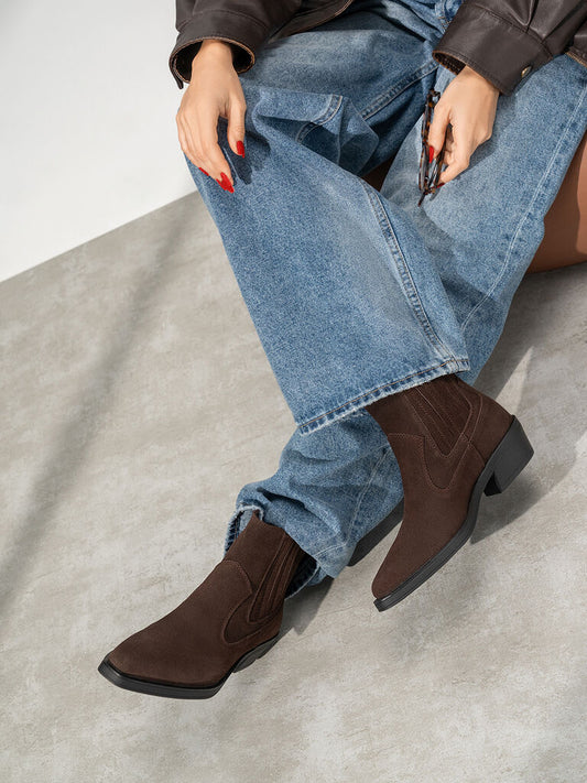 Brown Suede Western Ankle Boots