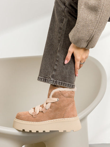 Beige Suede Ankle Boots with Plush Lining