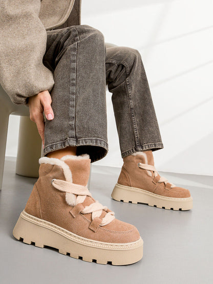 Beige Suede Ankle Boots with Plush Lining