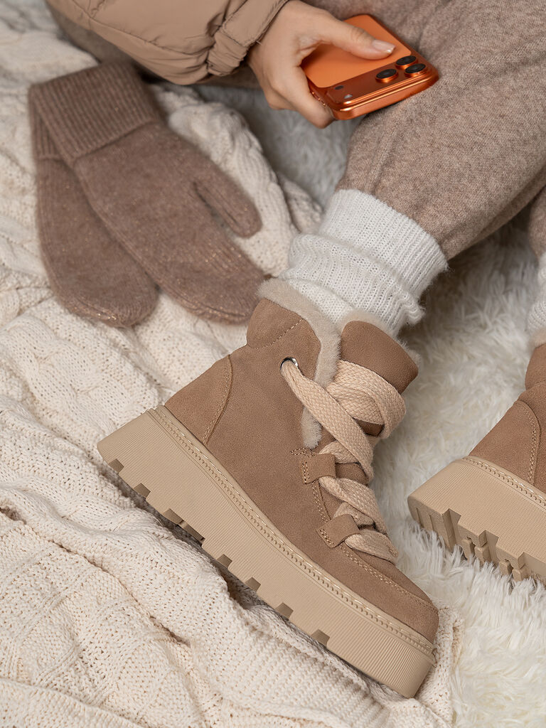 Beige Suede Ankle Boots with Plush Lining