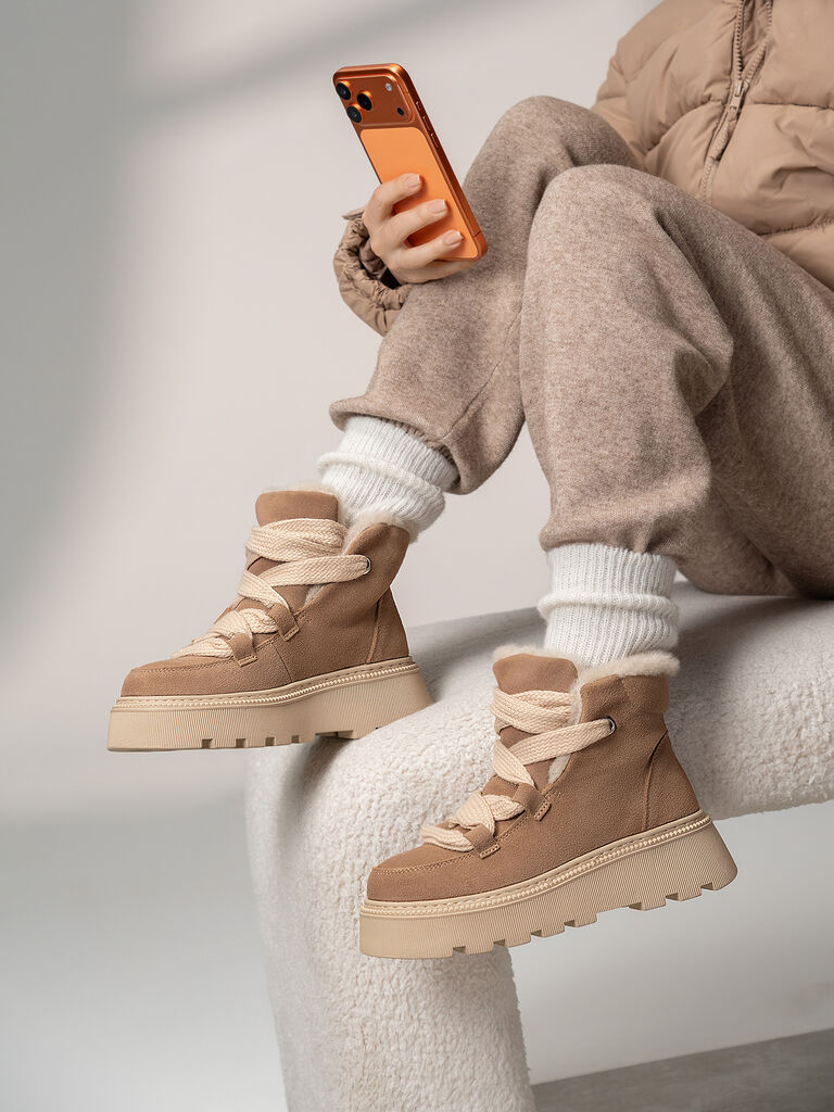 Beige Suede Ankle Boots with Plush Lining