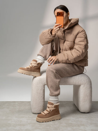 Beige Suede Ankle Boots with Plush Lining