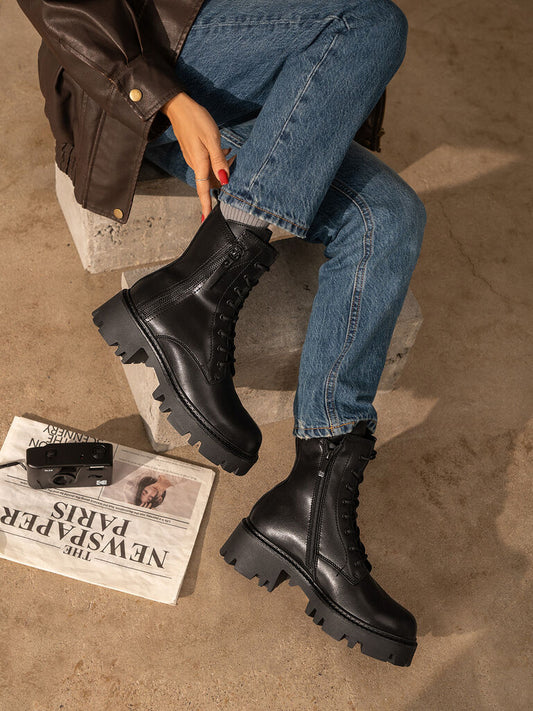 Black Leather Combat Boots with Chunky Sole