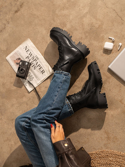 Black Leather Combat Boots with Chunky Sole