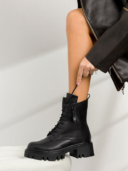 Black Leather Combat Boots with Chunky Sole