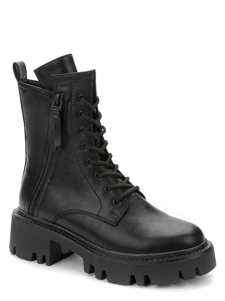 Black Leather Combat Boots with Chunky Sole