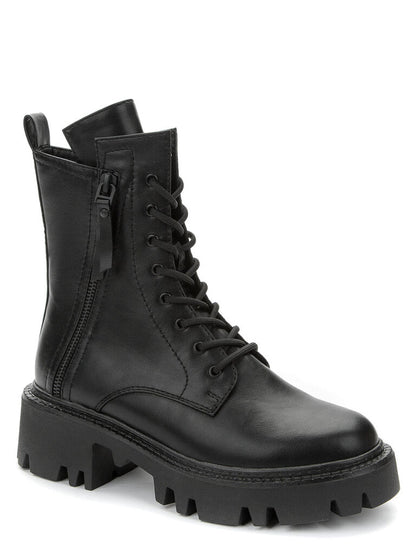 Black Leather Combat Boots with Chunky Sole