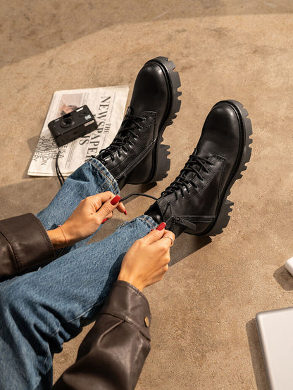 Black Leather Combat Boots with Chunky Sole