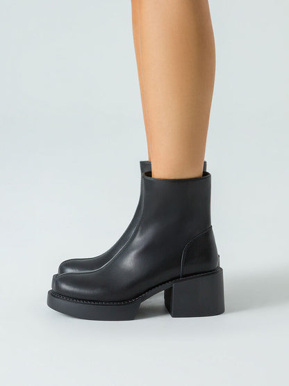 Black Leather Ankle Boots with Block Heel