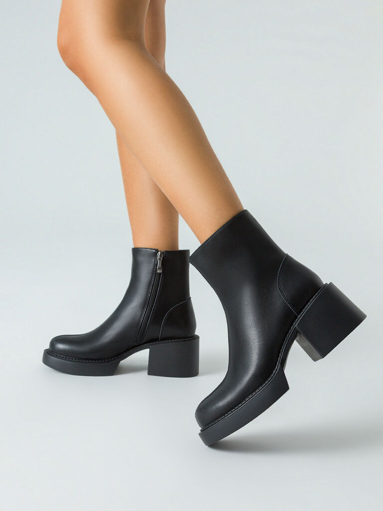 Black Leather Ankle Boots with Block Heel