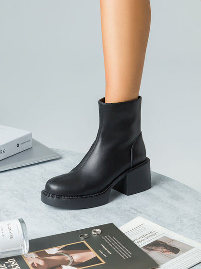 Black Leather Ankle Boots with Block Heel