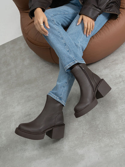 Chocolate Block Heel Ankle Boots with Zipper