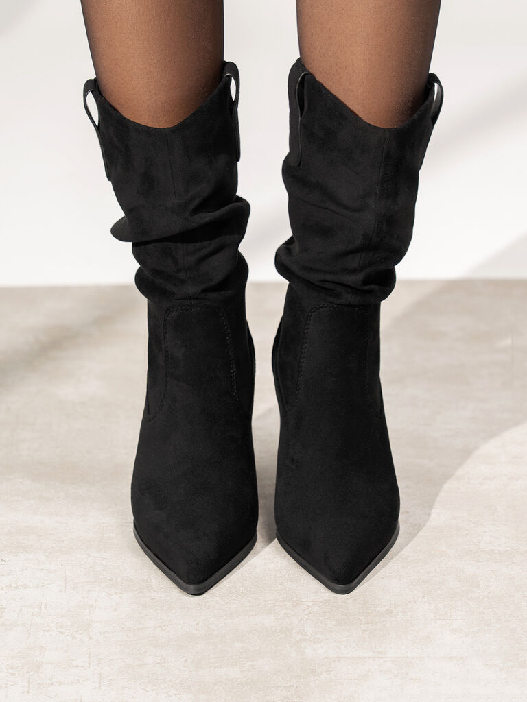 Black Suede Slouch Boot with Stiletto Heel
