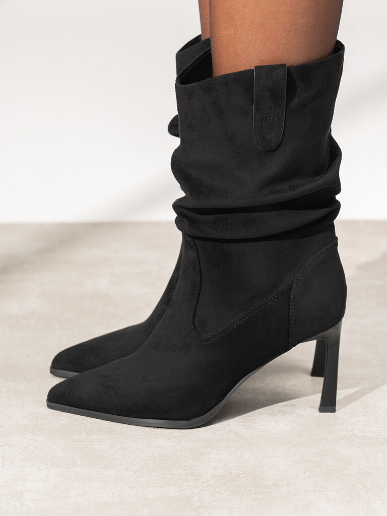 Black Suede Slouch Boot with Stiletto Heel