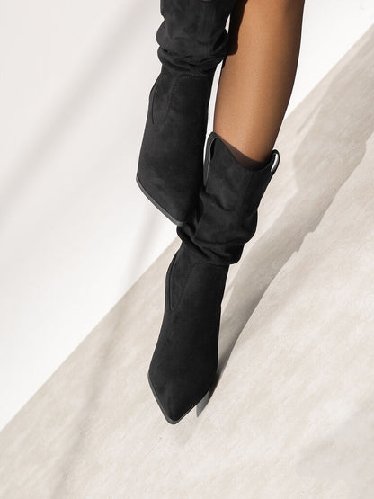 Black Suede Slouch Boot with Stiletto Heel