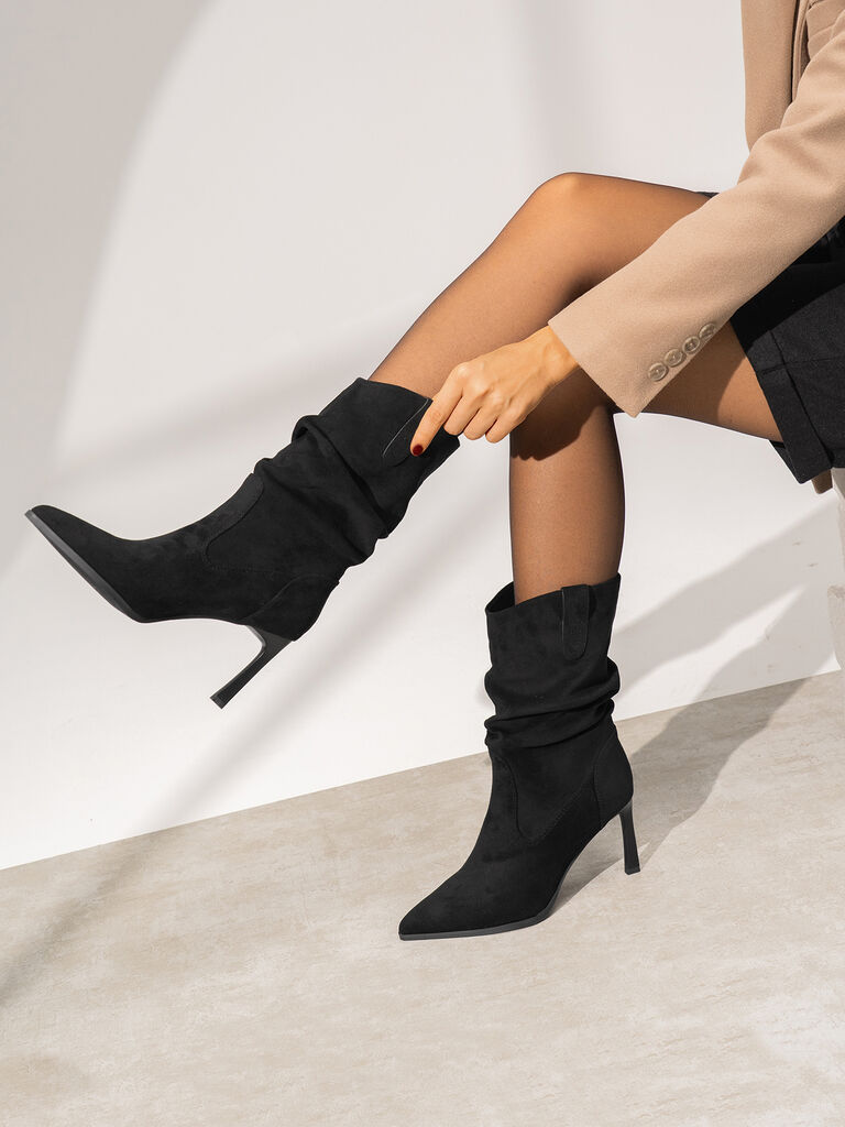 Black Suede Slouch Boot with Stiletto Heel