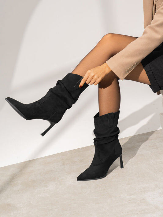 Black Suede Slouch Boot with Stiletto Heel