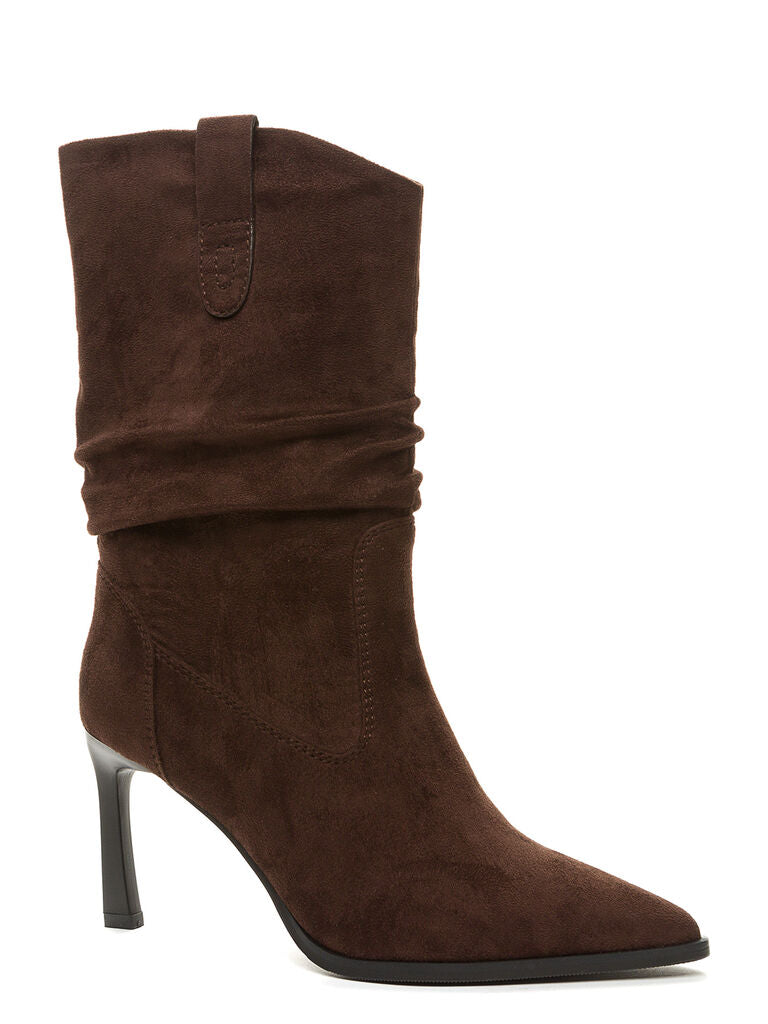Brown Suede Mid-Calf Boot with Stiletto Heel