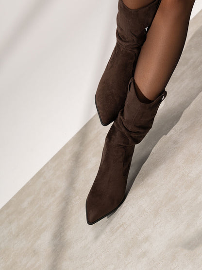 Brown Suede Mid-Calf Boot with Stiletto Heel