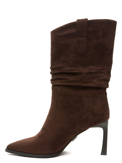 Brown Suede Mid-Calf Boot with Stiletto Heel