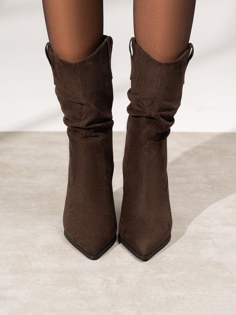 Brown Suede Mid-Calf Boot with Stiletto Heel