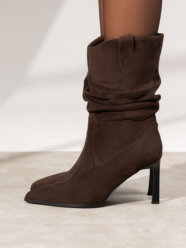 Brown Suede Mid-Calf Boot with Stiletto Heel