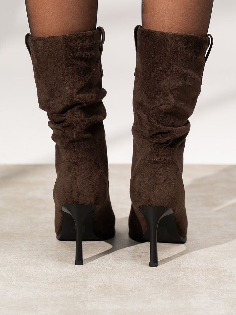 Brown Suede Mid-Calf Boot with Stiletto Heel